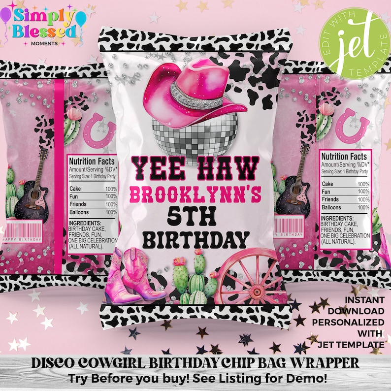 Disco Space Cowgirl Verjaardagsfeestje Bundel Bewerkbare Afdrukbare Instant Download afbeelding 2