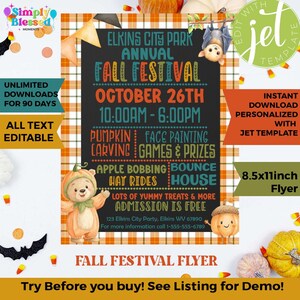 Puede incluir: Un folleto del festival de otoño con un fondo de pizarra negro y un borde a cuadros naranja y blanco. El folleto incluye detalles del evento, como la fecha, la hora y actividades como tallado de calabazas y paseos en heno. Se incluyen ilustraciones de un oso y una bellota.