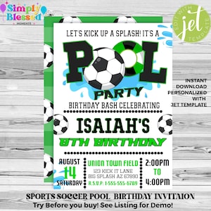 Soccer Birthday Pool Party Printable Editable Instant Download Invitation