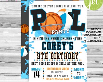 Basketball Pool Party Birthday Invitation Printable Editable Instant Download