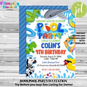 May include: A blue and white pool party invitation with a cartoon illustration of a shark, turtle, zebra, and other pool floats. The invitation is for Colin's 9th birthday party and includes the date, time, and location of the party. The text "INSTANT DOWNLOAD PERSONALIZED WITH JET TEMPLATE" is also included.