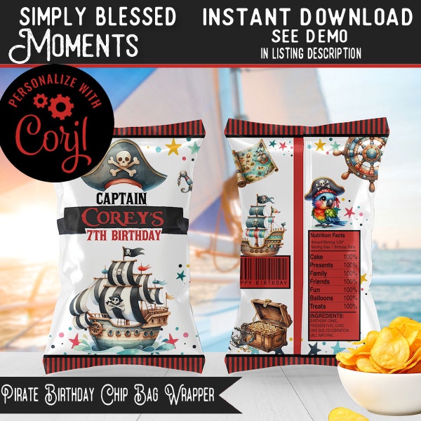 Pirate Birthday Party Theme Editable Printable Chip Bag Wrapper Label