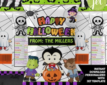 Cute Halloween Trick Or Treater Costume Kids Chip Bag Wrapper Printable Personalized Editable Instant Download