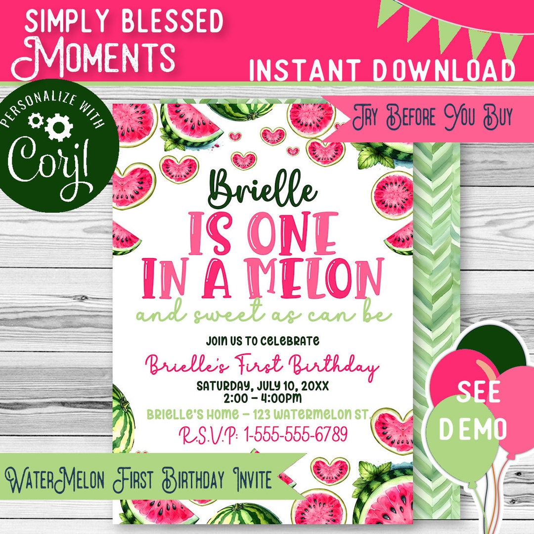 One in a Melon Watermelon Birthday Party Invitation Printable Digital ...