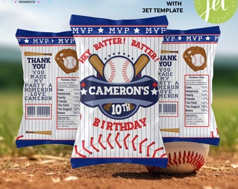 Baseball Birthday Party Chip Bag Wrappers Printable Editable Instant Download
