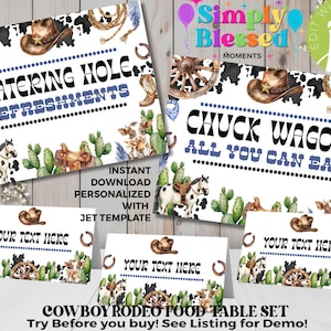 May include: Printable cowboy rodeo food table set with signs that say "Watering Hole Refreshments" and "Chuck Wagon All You Can Eat". The signs have a white background with black and white cow print, blue accents, and watercolor cactus and horses. There are also three blank place cards with the text "Your Text Here".