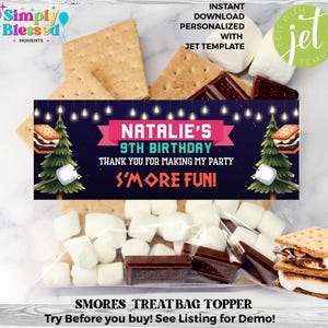 Girls S&#39;mores Birthday Party Treat Bag Topper (Printable Editable Instant Download)