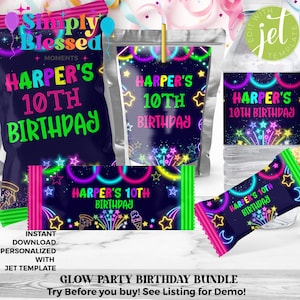 May include: Glow party birthday bundle with neon colors and stars. Includes labels for juice boxes, water bottles, candy bars, and a chip bag. The labels feature the text "Harper's 10th Birthday".