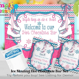 Peut inclure: Ensemble de bar à chocolat chaud sur le thème du patinage artistique, avec un schéma de couleurs rose, turquoise et gris. Le design comprend des patins à glace, des flocons de neige et le texte "Welcome to our Hot Chocolate Bar". Comprend un sachet de chocolat chaud Swiss Miss.