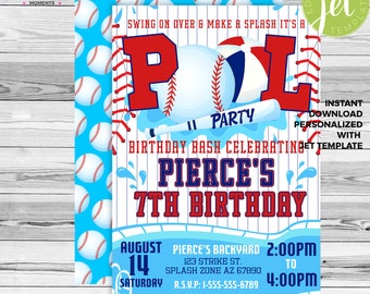 Baseball Birthday Pool Party Invitation Printable Editable Instant Download