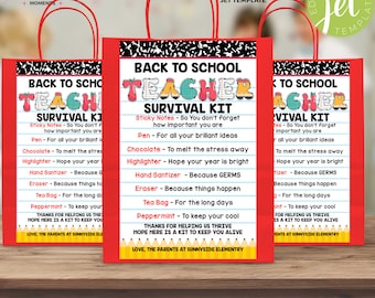 Teacher Survival Kit Gift Bag Tag Label Printable Editable Instant Download Back to school End of School