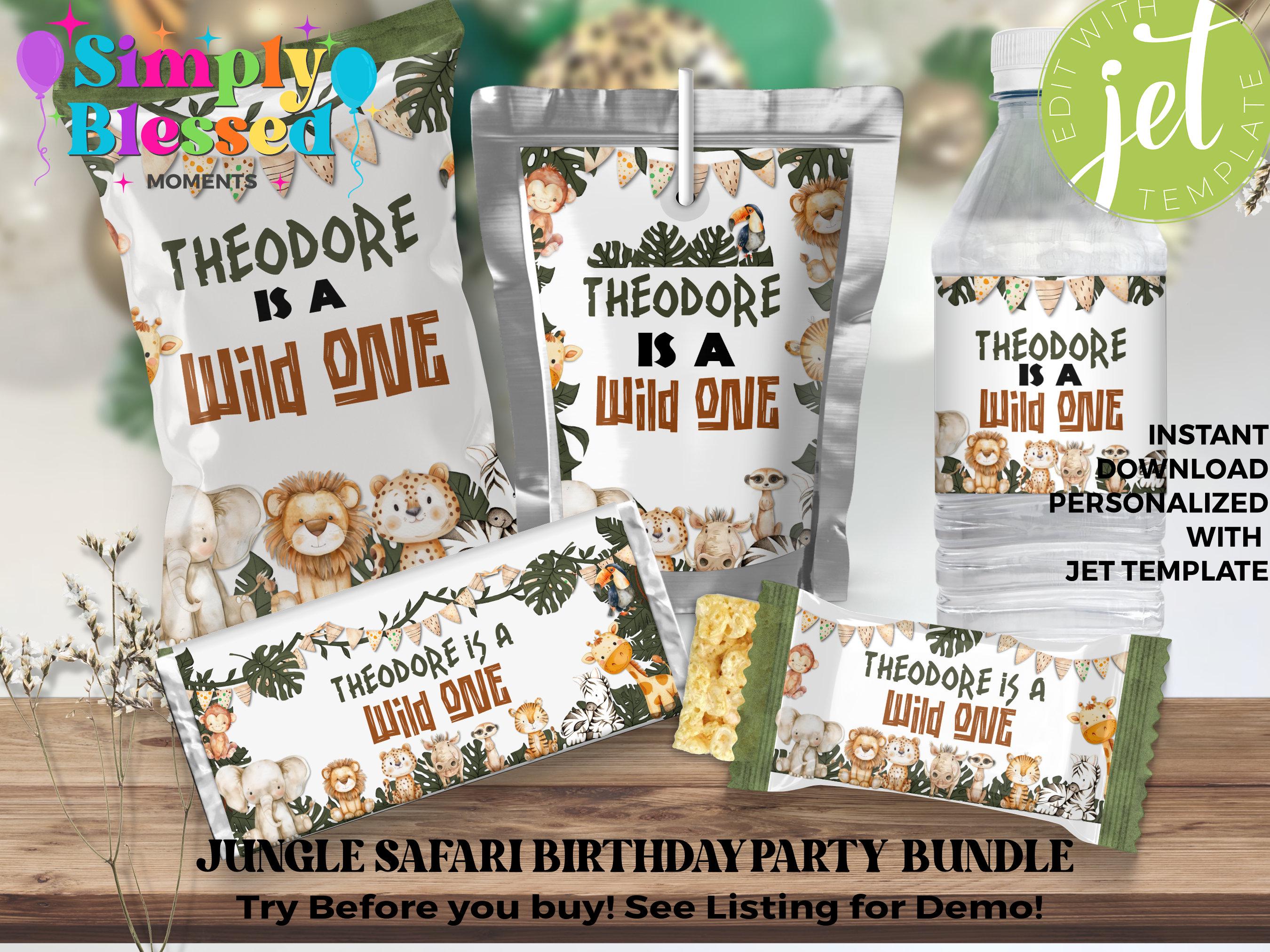 Wild One Jungle Animals Birthday Party Bundle Chip Bag Chocolate Bar Wrap Water Bottle Label and more Printable Editable Instant Download