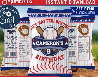 Emballages de sac de chips de fête d'anniversaire de baseball imprimables modifiables téléchargement immédiat