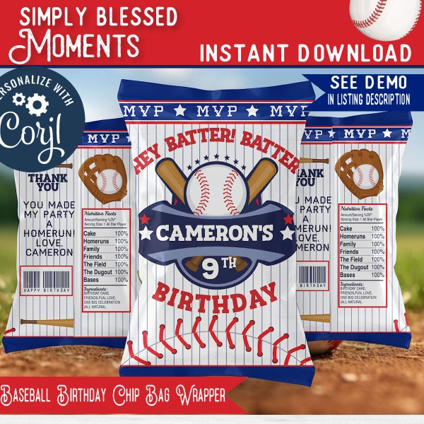 Baseball Birthday Party Chip Bag Wrappers Printable Editable Instant Download