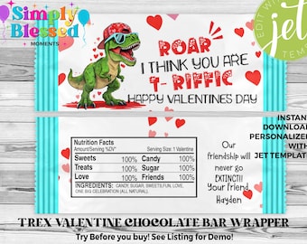 T Rex Dinosaur Valentines Day Chocolate Bar  Wrapper Printable Editable Instant Download