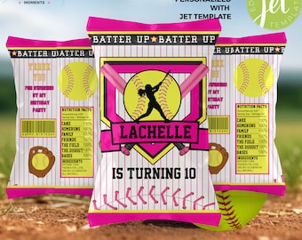 Soft Ball Birthday Party Chip Bag Wrapper Party Favor Editable Printable Instant Download Girls Softball