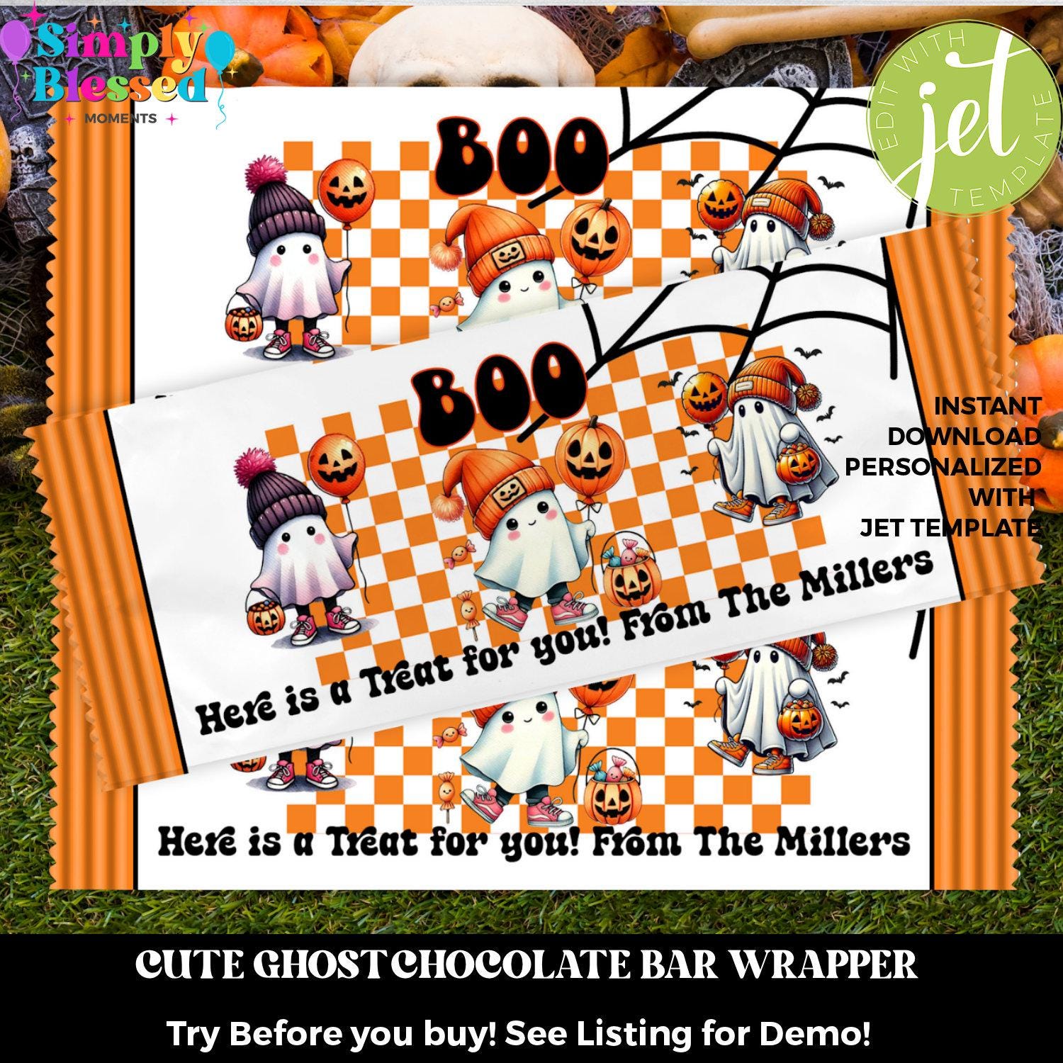 Cute Trick or Treat Ghost Chocolate Bar Wrapper Personalized Editable Printable Instant Download Boo Basket Treat