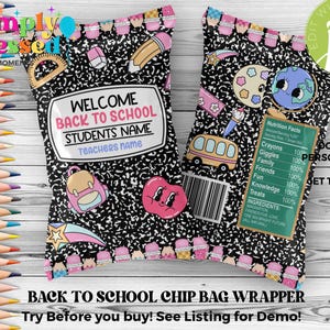 Composition Notebook Back to school Chip Bag Wrapper Back to School Party Printable Editable Instant Download