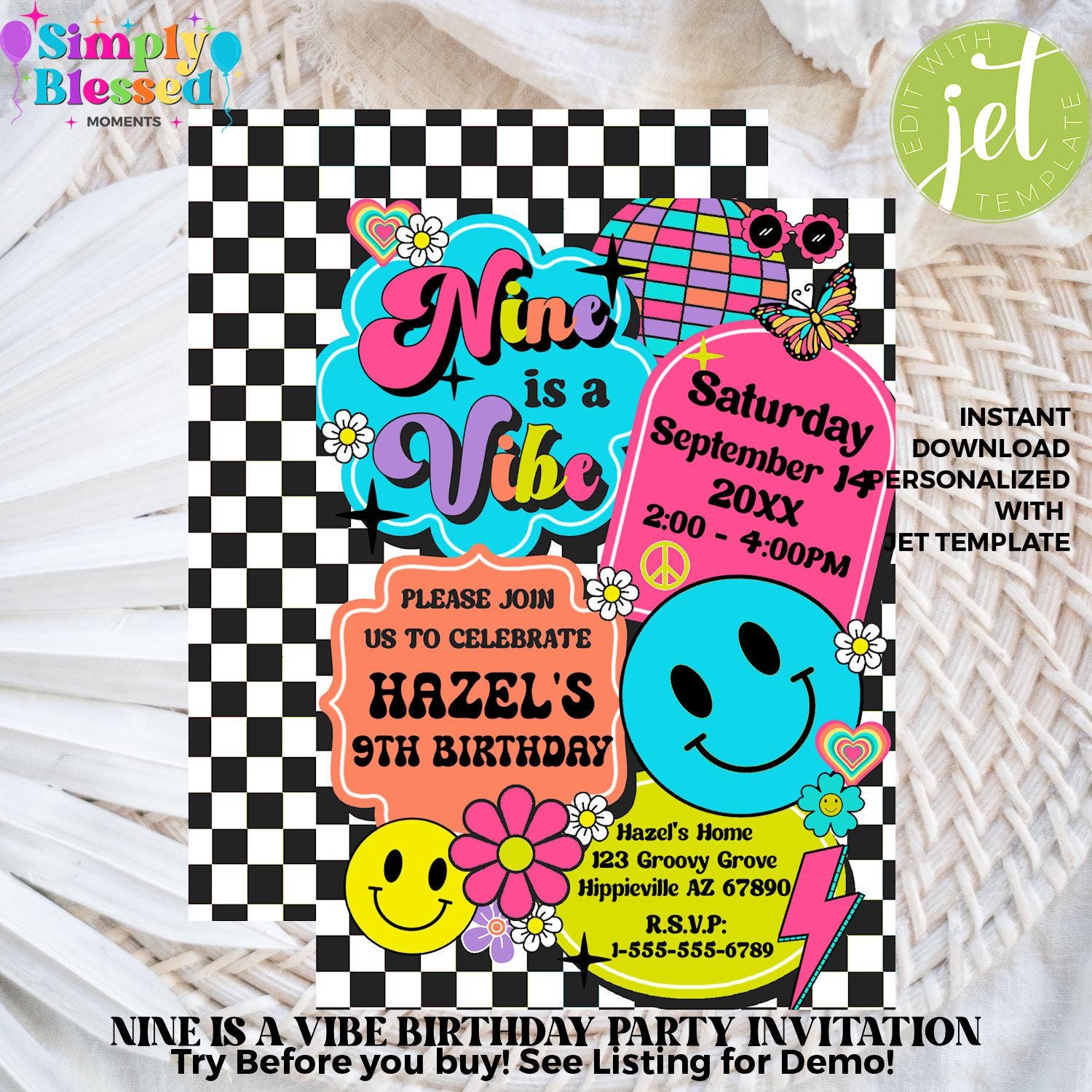 NINE is a VIBE Birthday Party Invitation 9th Birthday Party Printable Editable Instant Download