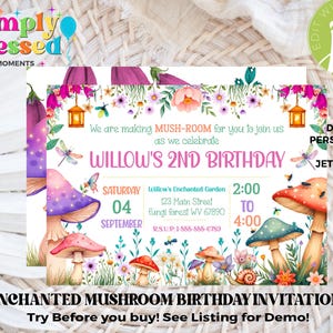 Enchanted Mushroom Theme Birthday Party Invitation Instant Download Editable Printable