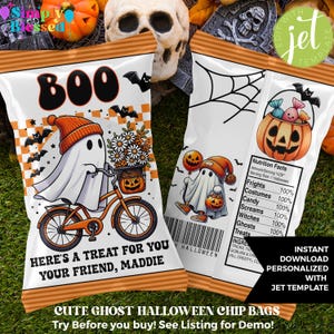 Cute Ghost Halloween Chip Bag Wrapper, Trick or Treat Halloween Party Personalized Editable Instant Download Boo Basket Filler