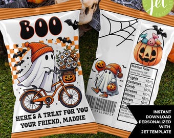 Cute Ghost Halloween Chip Bag Wrapper, Trick or Treat Halloween Party Personalized Editable Instant Download Boo Basket Filler