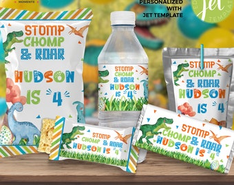 Dinosaur Birthday Party Bundle Editable Printable Instant Download Chip Bag, Chocolate Bar, Juice Pouch, Water Bottle, Krispy Treat