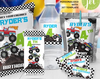 Monster Truck Birthday Party Bundle Chip Bag Wrapper Juice Pouch Chocolate Bar Label and more