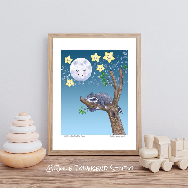 Sleepy Raccoon Under a Full Moon - Kids Art Print - Gender Neutral Nursery Wall Art - Kids Room Decor - Sweet Woodland Forest Animal Artwork