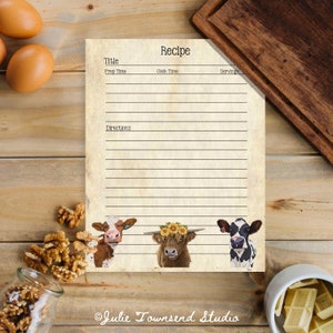 Entzückendes Rezept-Kartenblatt - Kuhliebhaber Rezeptblatt - perfekt für Ihren Rezeptordner - Herunterladen und Drucken - Vintage 3 Ringordner - Geschenke