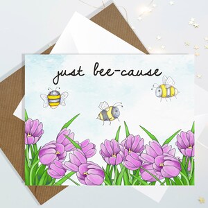 Tarjetas de amistad con cariño: Abejitas y bonitos tulipanes rosas. Nada demuestra más cariño que una nota escrita a mano. Descarga imprimible.
