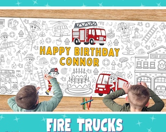 GIANT CUSTOM Fire Trucks Coloring Banner | Personalized Brothers Tablecloth Decoration | Kids Coloring Table Runner Poster | 6 Foot