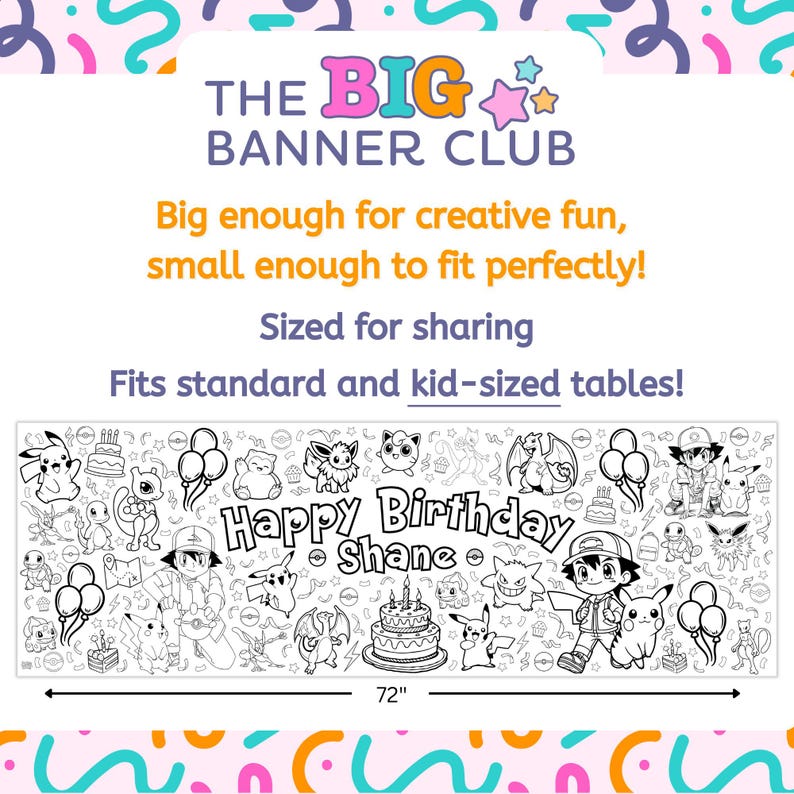 Pokémon coloring birthday, Pokémon-themed birthday coloring banner with fun character illustrations designed for kids’ parties and group coloring, giant coloring banner, birthday decor