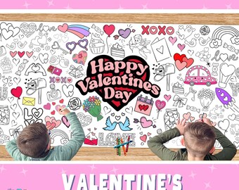 Valentines Giant Coloring Banner | Paper Tablecloth Table Runner | Party Decoration | Kids Activity Cupid Hearts and Love