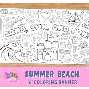 Summer Beach Fun Giant Coloring Banner | Tablecloth Table Runner | Sand Sun and Kids Fun Activity | Poster Coloring Page