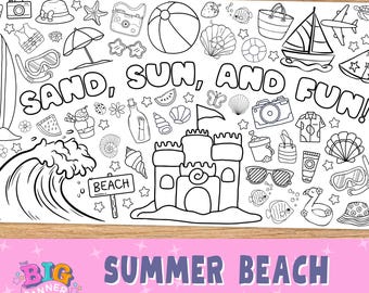 Summer Beach Fun Giant Coloring Banner | Tablecloth Table Runner | Sand Sun and Kids Fun Activity | Poster Coloring Page