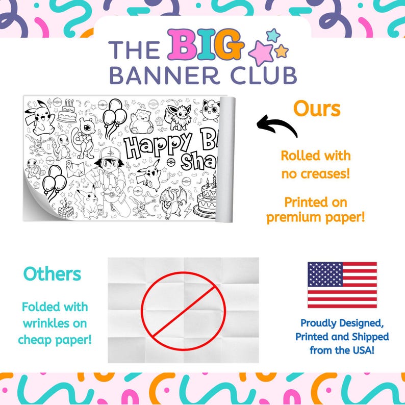 Pokémon coloring birthday, Pokémon-themed birthday coloring banner with fun character illustrations designed for kids’ parties and group coloring, giant coloring banner, birthday decor