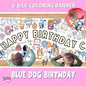GIANT CUSTOM Blue Dog Birthday Banner | Bluey Birthday Party Tablecloth Decoration | Coloring Table Runner Poster for Kids | Personalized