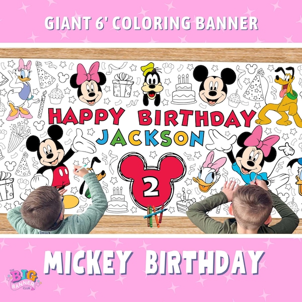 Bandera gigante para colorear personalizada para fiesta de cumpleaños de Mickey y Minnie / Camino de mesa con mantel de papel / Decoración para fiesta de cumpleaños / Actividad para niños