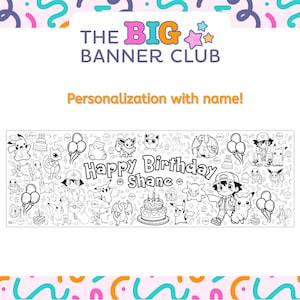 Pokémon coloring birthday, Pokémon-themed birthday coloring banner with fun character illustrations designed for kids’ parties and group coloring, giant coloring banner, birthday decor