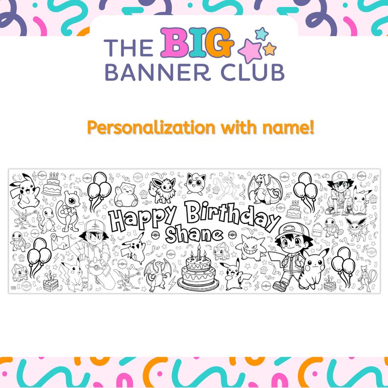 Pokémon coloring birthday, Pokémon-themed birthday coloring banner with fun character illustrations designed for kids’ parties and group coloring, giant coloring banner, birthday decor