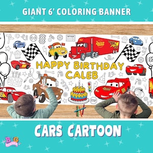 GIANT Personalized Cars Birthday Party Decoration | Giant Coloring Banner | Large Tablecloth Table Runner | Lightning McQueen Mater | 6 Foot