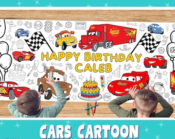 GIANT Personalized Cars Birthday Party Decoration | Giant Coloring Banner | Large Tablecloth Table Runner | Lightning McQueen Mater | 6 Foot
