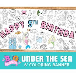 GIANT CUSTOM Mermaid Birthday Coloring Banner | Under the Sea Birthday Party Tablecloth Decoration | Table Runner Poster for Kids Activity