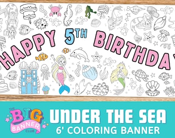 GIANT CUSTOM Mermaid Birthday Coloring Banner | Under the Sea Birthday Party Tablecloth Decoration | Table Runner Poster for Kids Activity