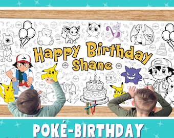CUSTOM Poke Birthday Party Giant Coloring Banner | Paper Tablecloth Table Runner | Birthday Party Decoration | Kids Activity