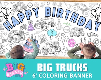 GIANT CUSTOM Monster Truck Birthday Coloring Banner | Large Trucks Party Tablecloth Decoration | Table Runner Poster Kids | Personalized