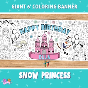 GIANT Snow Princess Coloring Banner | Birthday Party Decoration | Giant Tablecloth Table Runner Personalize Name | 6' Foot Long