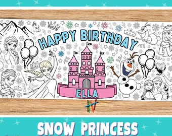 GIANT Snow Princess Coloring Banner | Birthday Party Decoration | Giant Tablecloth Table Runner Personalize Name | 6' Foot Long