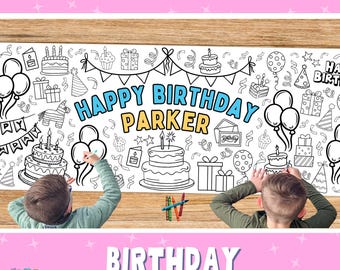 CUSTOM Birthday Coloring Banner | Happy Birthday Party Paper Tablecloth Table Runner | Birthday Party Decoration | Kids Activity